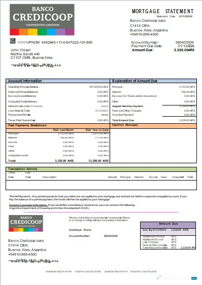 Download Argentina Banco Credicoop bank mortgage statement scr Photoshop template